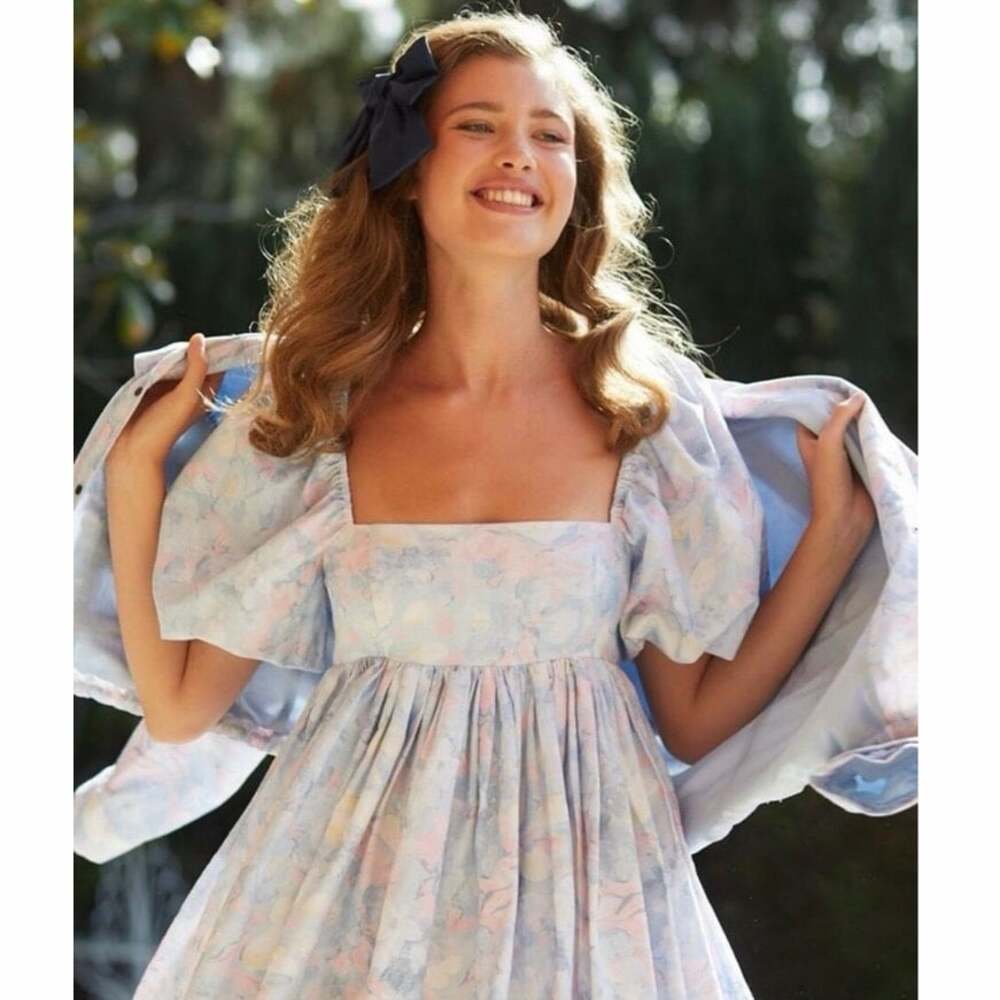 Selkie The Puff Dress Monet Print Women’s S Blue Floral Cotton Mini Cottagecore